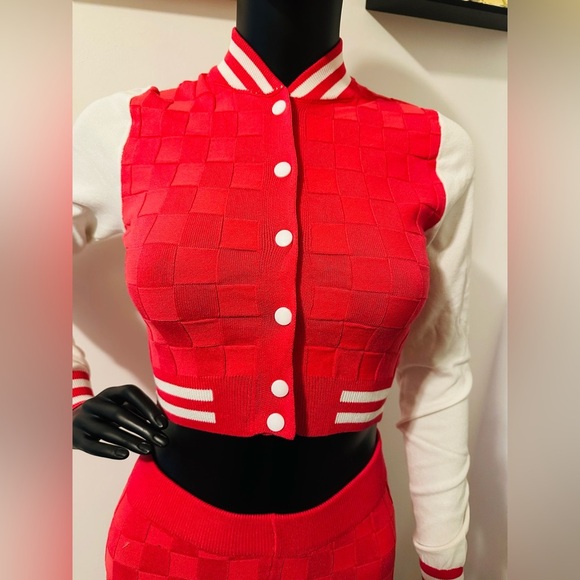 Raspberry Two Piece Varsity Knit Jacket High Waisted Knit Leggings Set - Picture 10 of 13